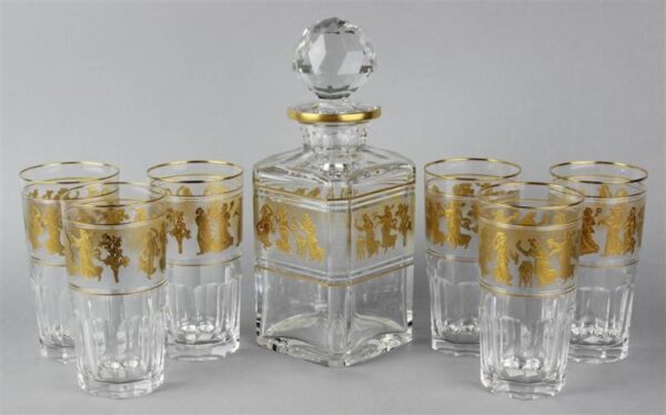 VAL SAINT LAMBERT "DANS DE FLORE" PATTERN DECANTER AND SIX HIGHBALL GLASSES