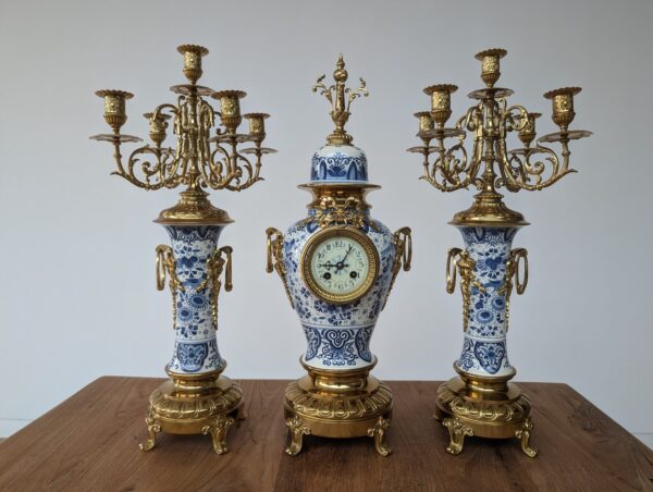 3 Piece Blue & White Porcelain Mantel Clock Set