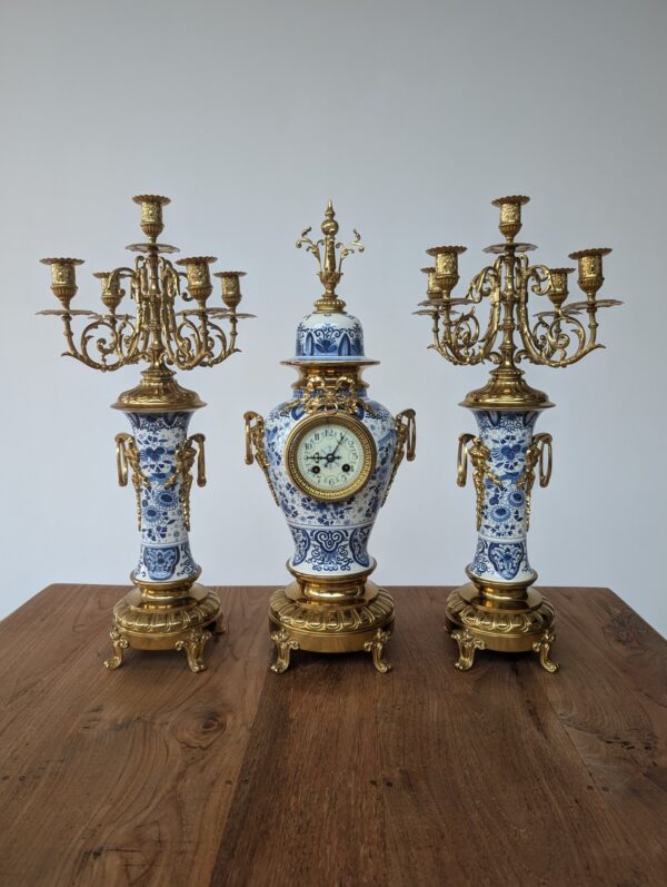 3 Piece Blue & White Porcelain Mantel Clock Set - Image 2
